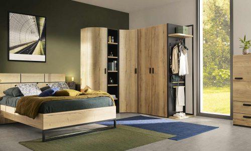 Lit et chambre, décor bois