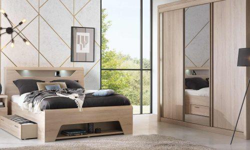 Armoire 2 portes coulissantes bois, 1 miroir central MULTY 1
