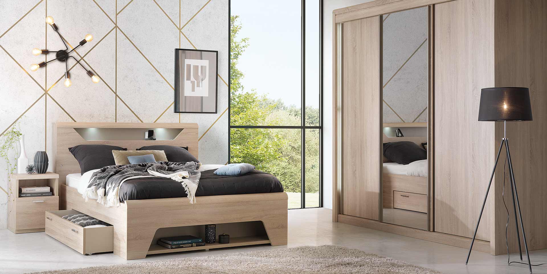 Armoire 2 portes coulissantes bois, 1 miroir central MULTY slider image n°1