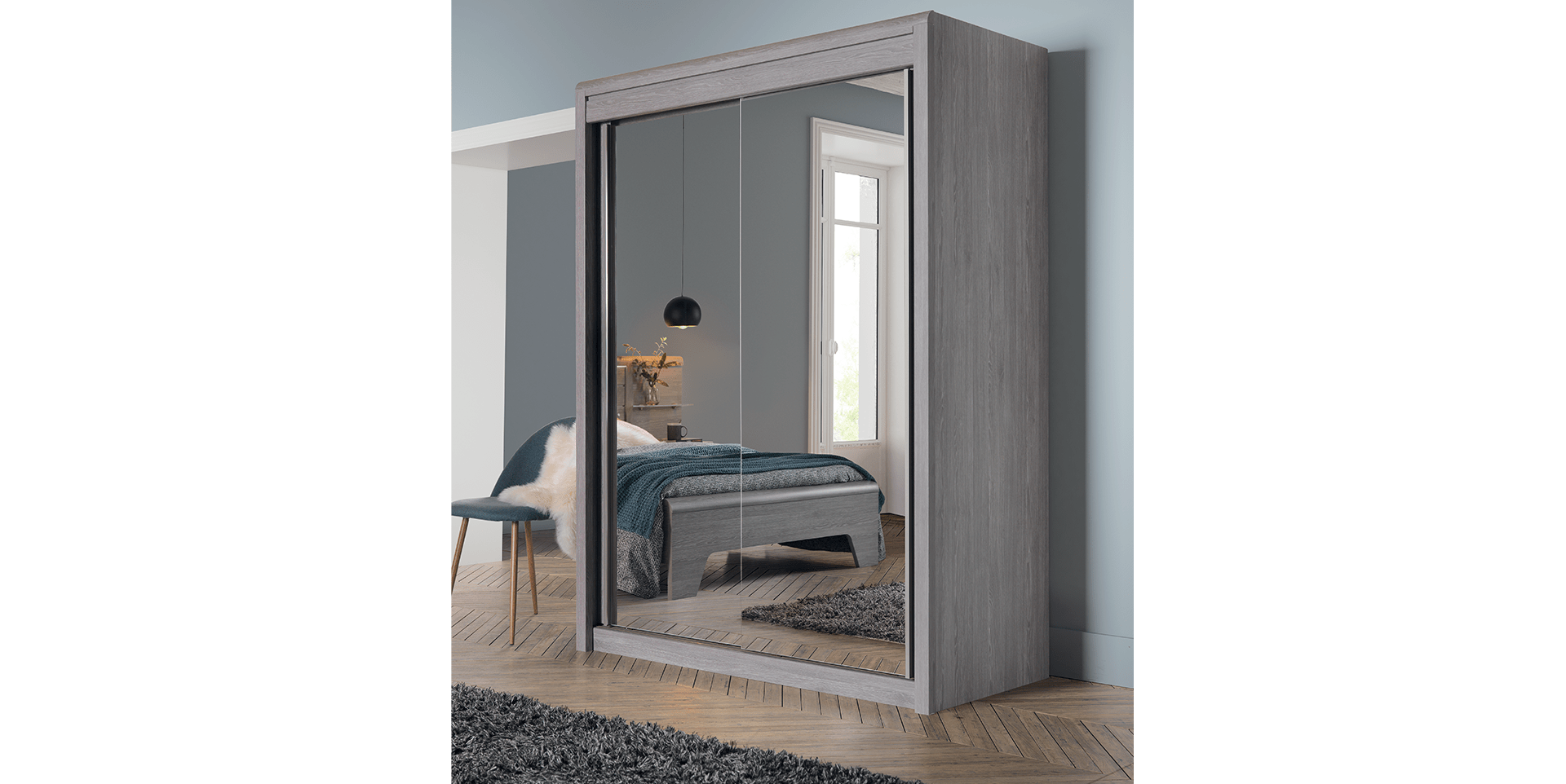 Armoire 2 portes coulissantes bois, 1 miroir central MULTY slider image n°2