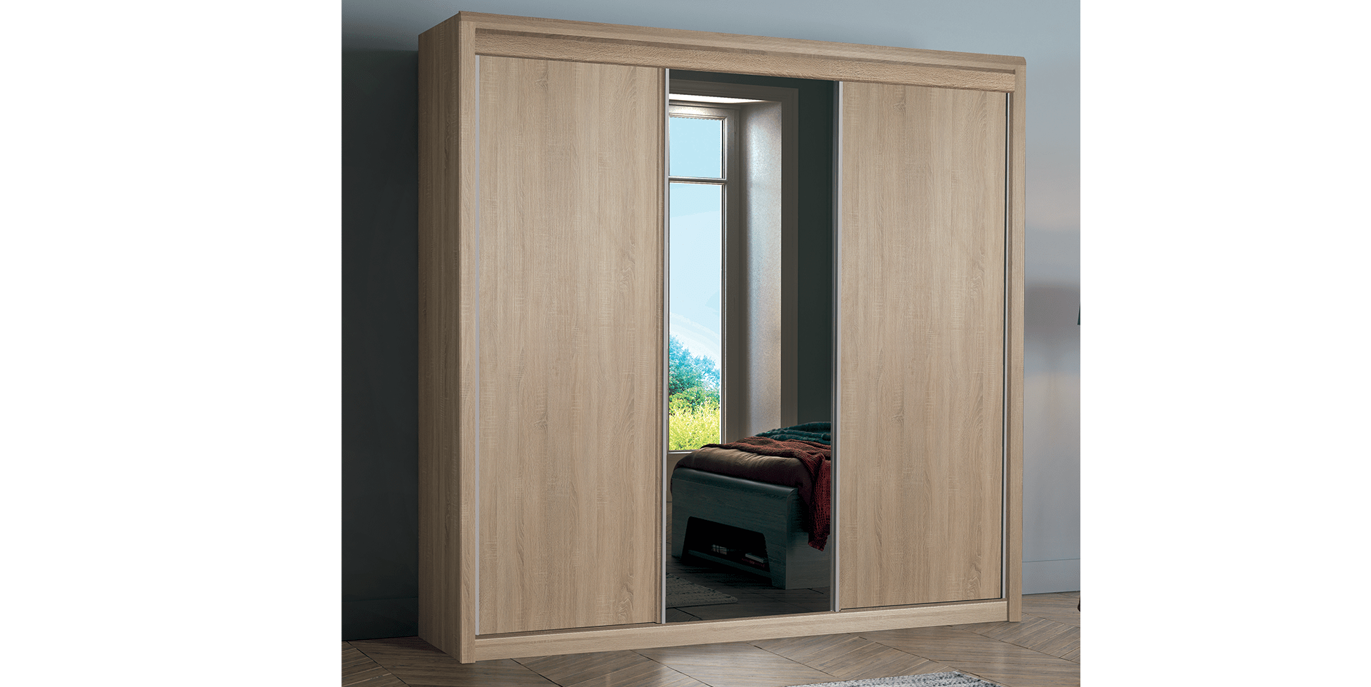 Armoire 2 portes coulissantes bois, 1 miroir central MULTY slider image n°3