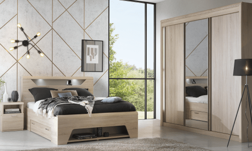 Armoire 2 portes coulissantes bois, 1 miroir central MULTY