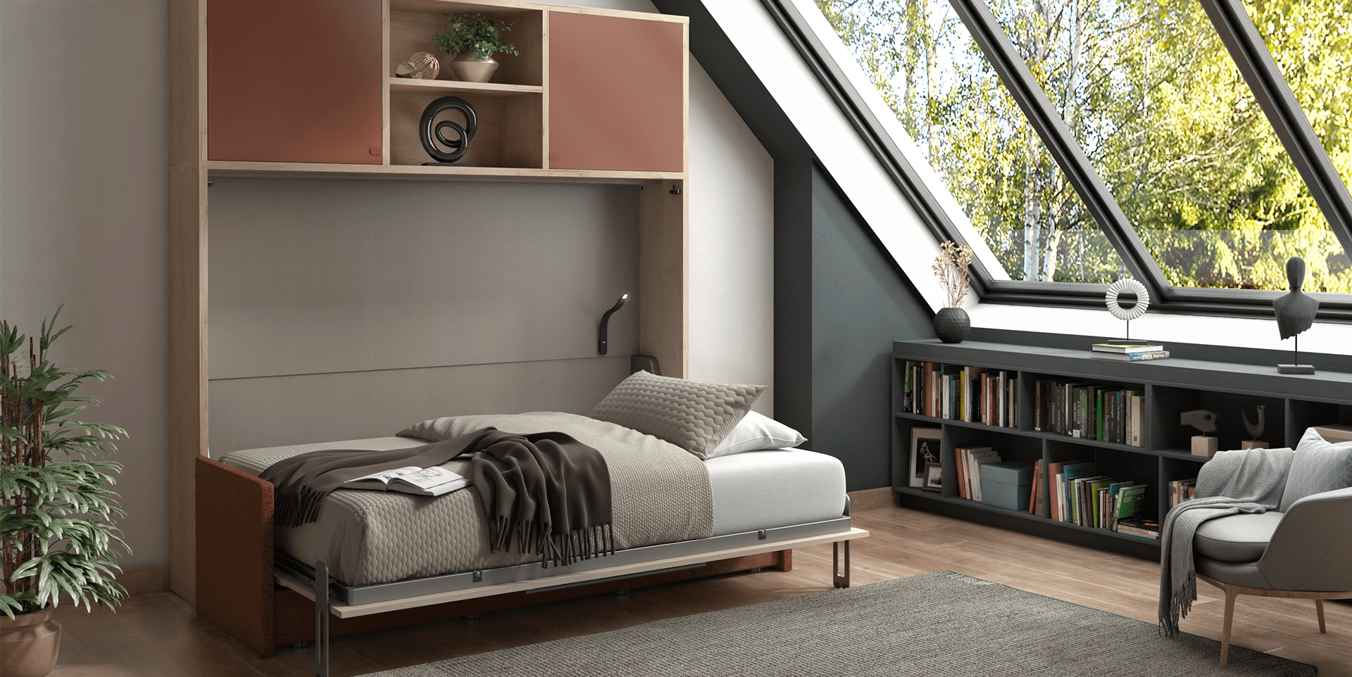 Lit escamotable horizontal avec banquette accoudoirs fins SMART slider image n°1