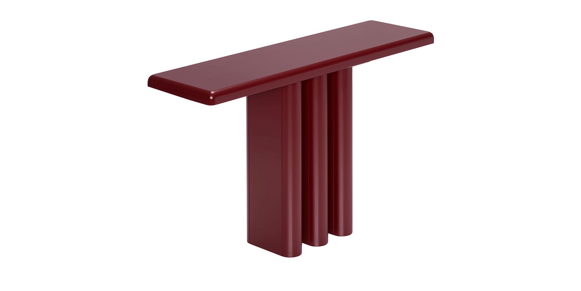 Console Dolmen en laque rouge brillante, silhouette arrondie et contemporaine.