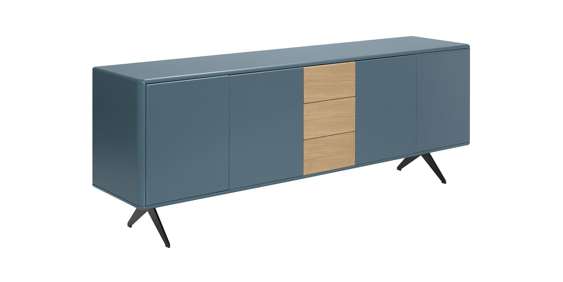 Buffet Sweet Temper avec 4 portes, 3 tiroirs, en bois et laque bleu-vert, sur pieds en métal pour une touche contemporaine.