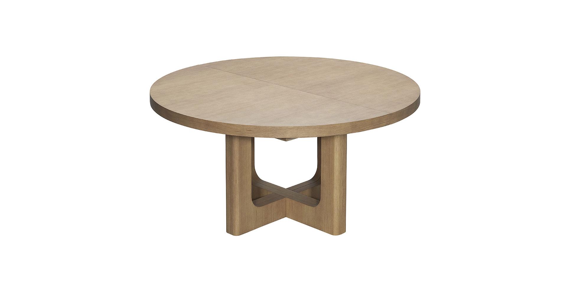 Table de salle à manger Ivrea en bois naturel, ronde avec rallonge et pied central en X.
